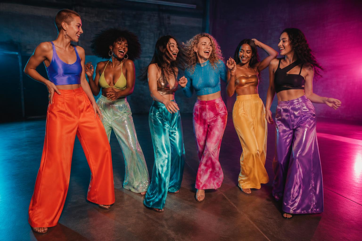 Women laughing and dancing together in colorful statement pants