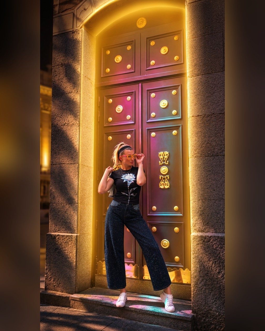 Olga, founder of Name Your Pants, standing confidently in wide-leg pants and yellow glasses